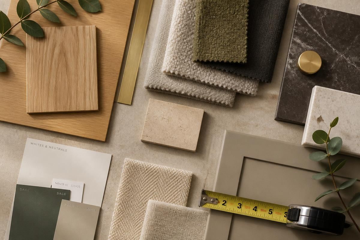 Flat lay of oak veneer, brass, wool fabric and stone material samples